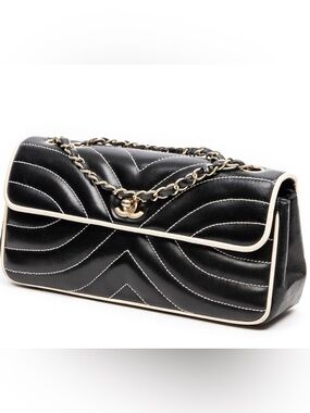 CHANEL Vintage East West Calf Leather Bag in Black and Whilte 24K Gold Hardware